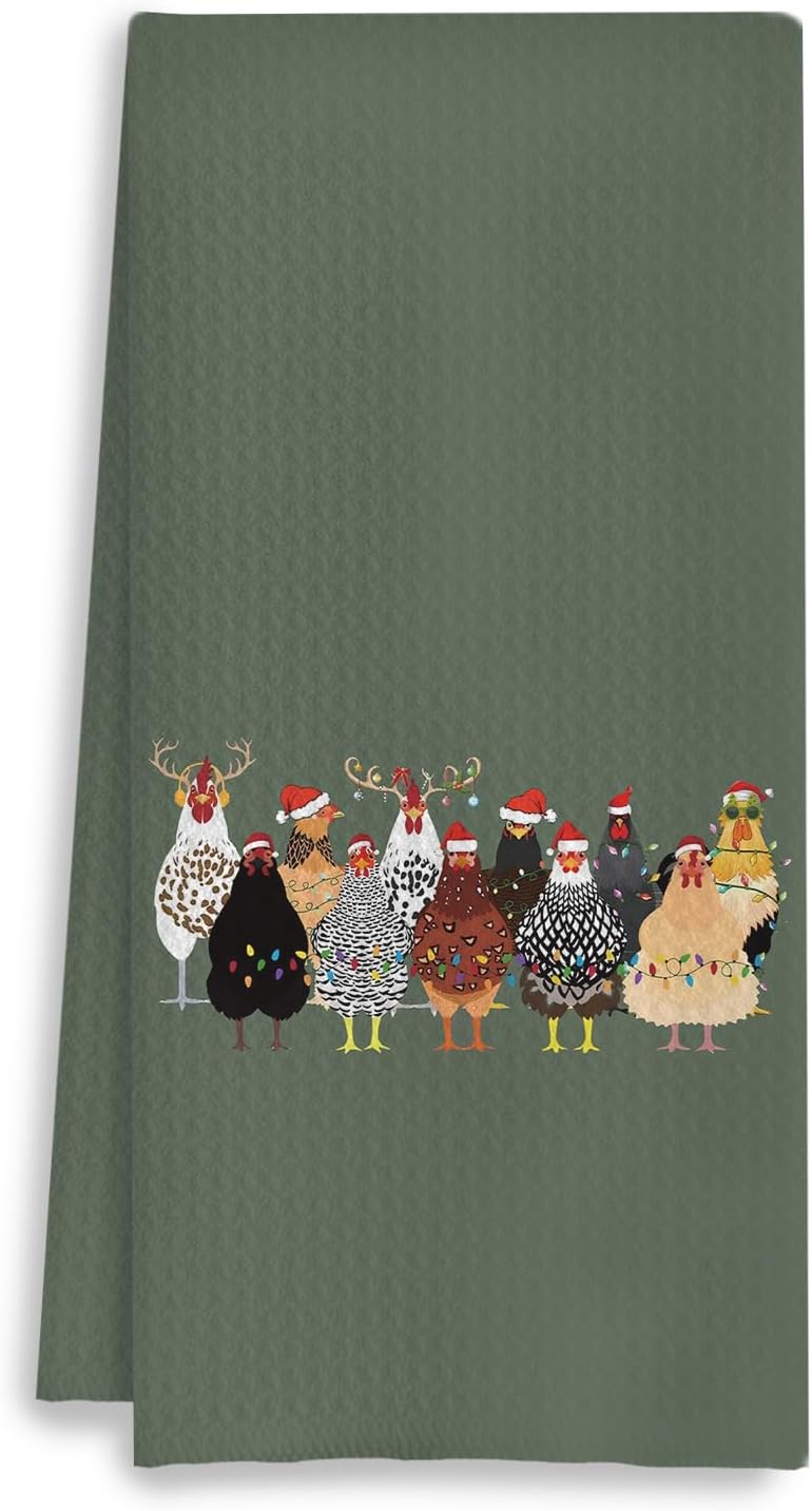 COWEB Chicken Christmas Kitchen Towels, Farmhouse Chicken Christmas Dish Towels for Kitchen, Chickens Lady Mom Gifts, Chickens Lovers Gifts Hand Towel for Bathroom, 16x24 Inches - Image 1